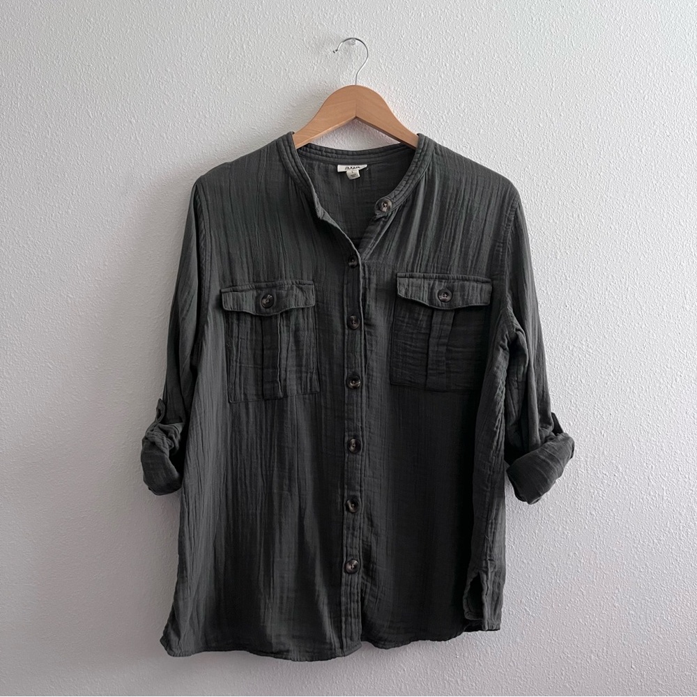 Ana Green Gauzy Roll Tab Sleeve Button Down